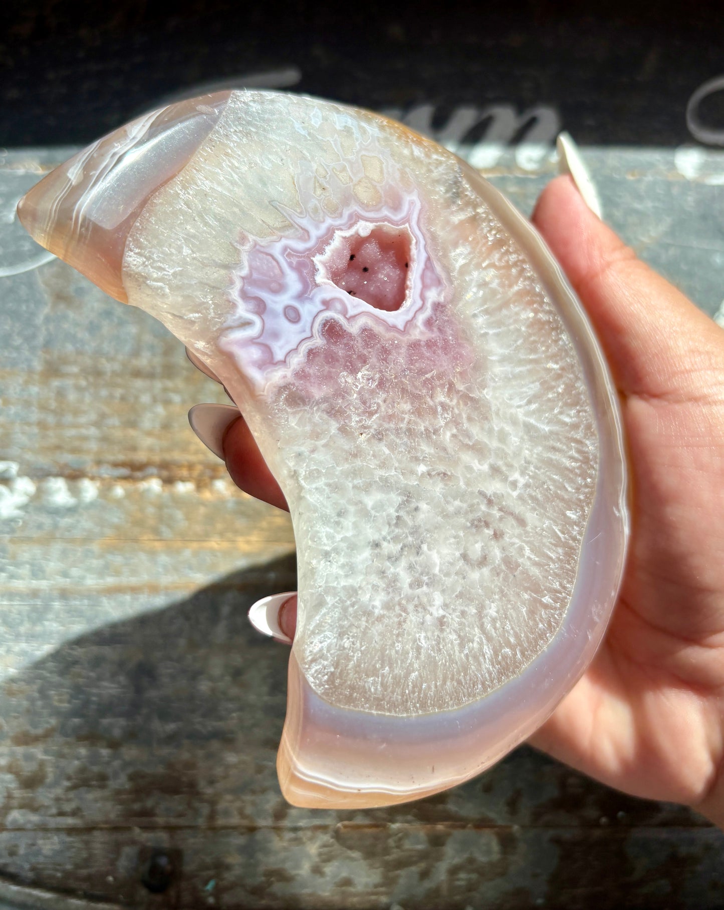 Gorgeous Pink Agate Moon with Druzy