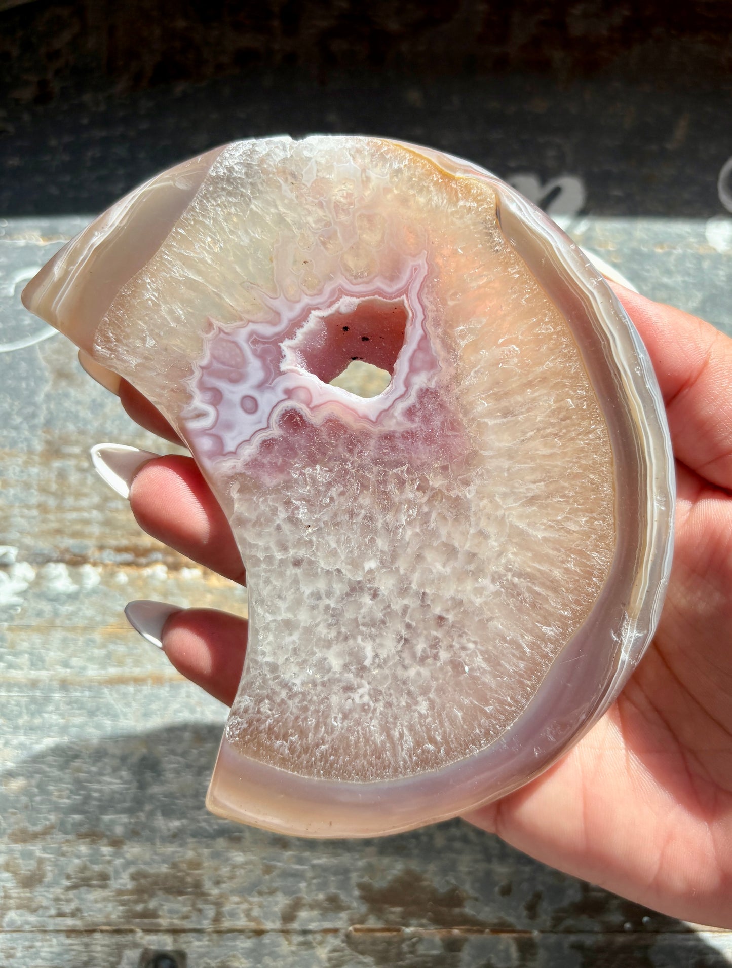 Gorgeous Pink Agate Moon with Druzy