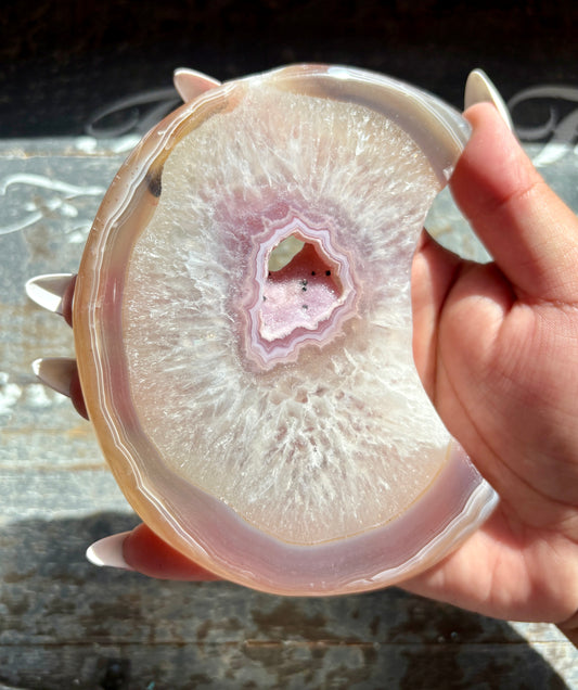 Gorgeous Pink Agate Moon with Druzy