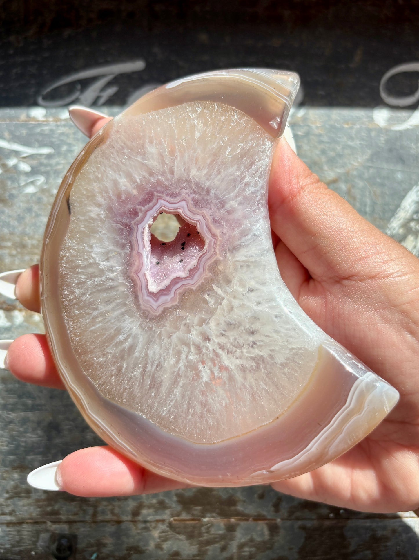 Gorgeous Pink Agate Moon with Druzy