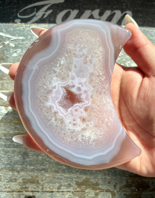 Gorgeous Pink Agate Moon with Druzy