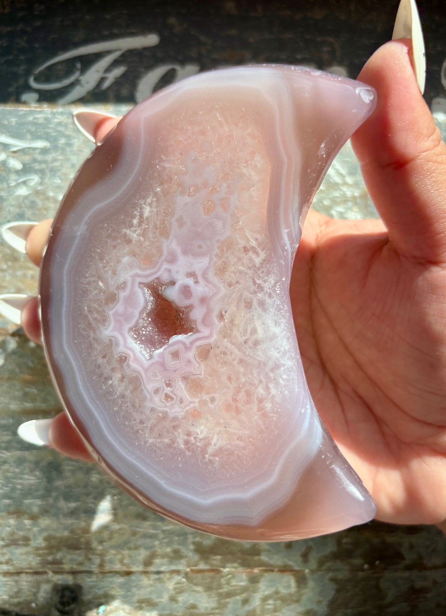 Gorgeous Pink Agate Moon with Druzy