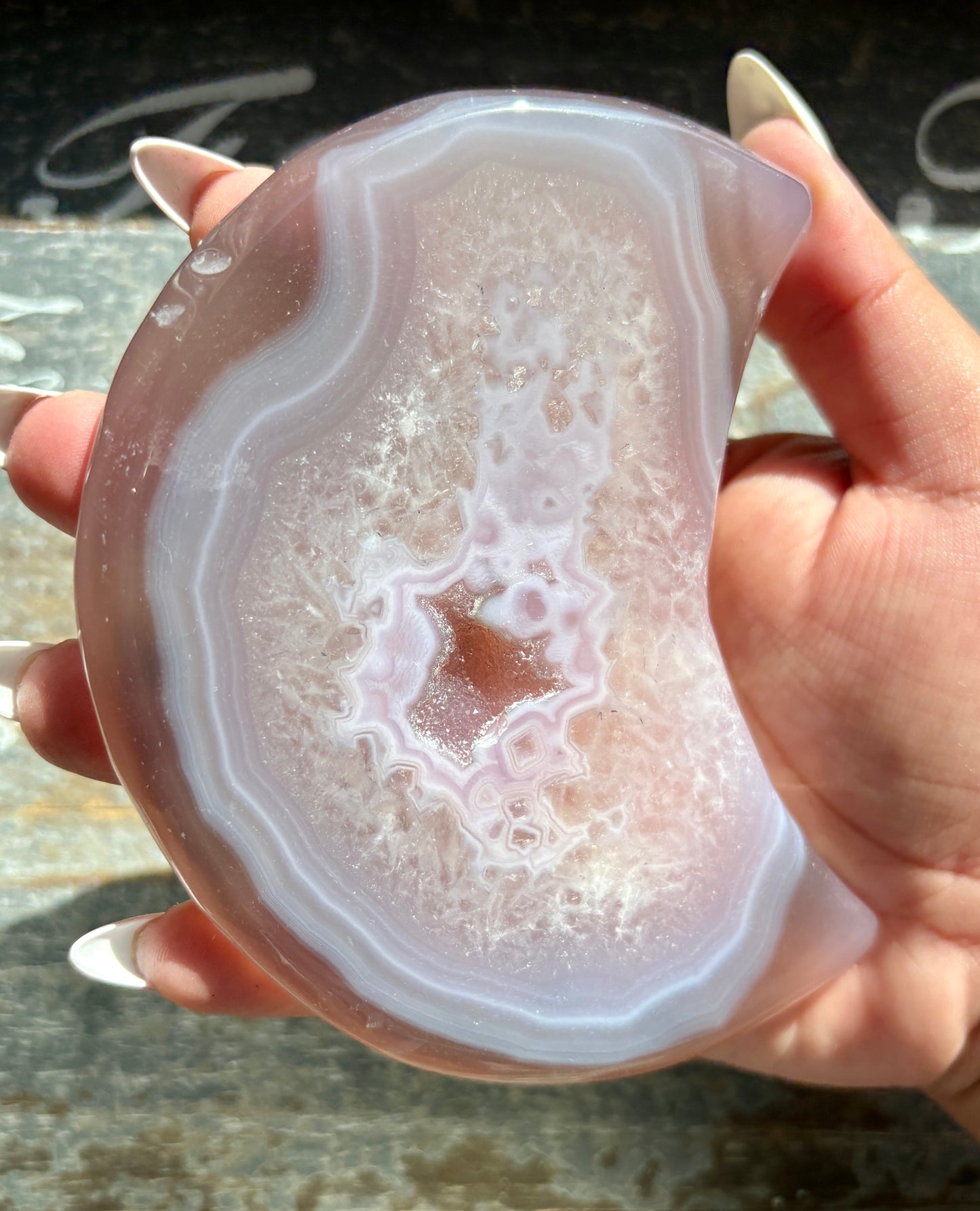 Gorgeous Pink Agate Moon with Druzy