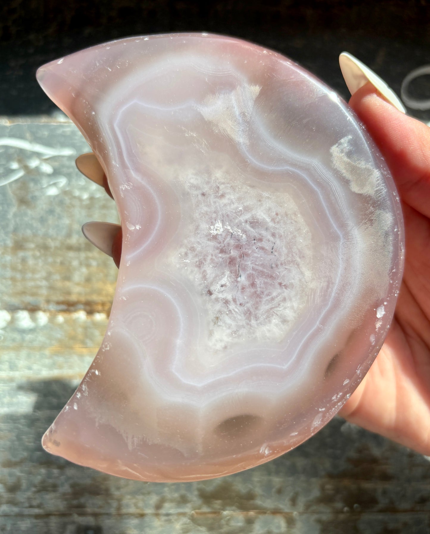 Gorgeous Pink Agate Moon with Druzy