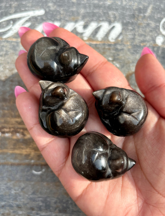 One (1) Silver Sheen Obsidian Sleeping Cat