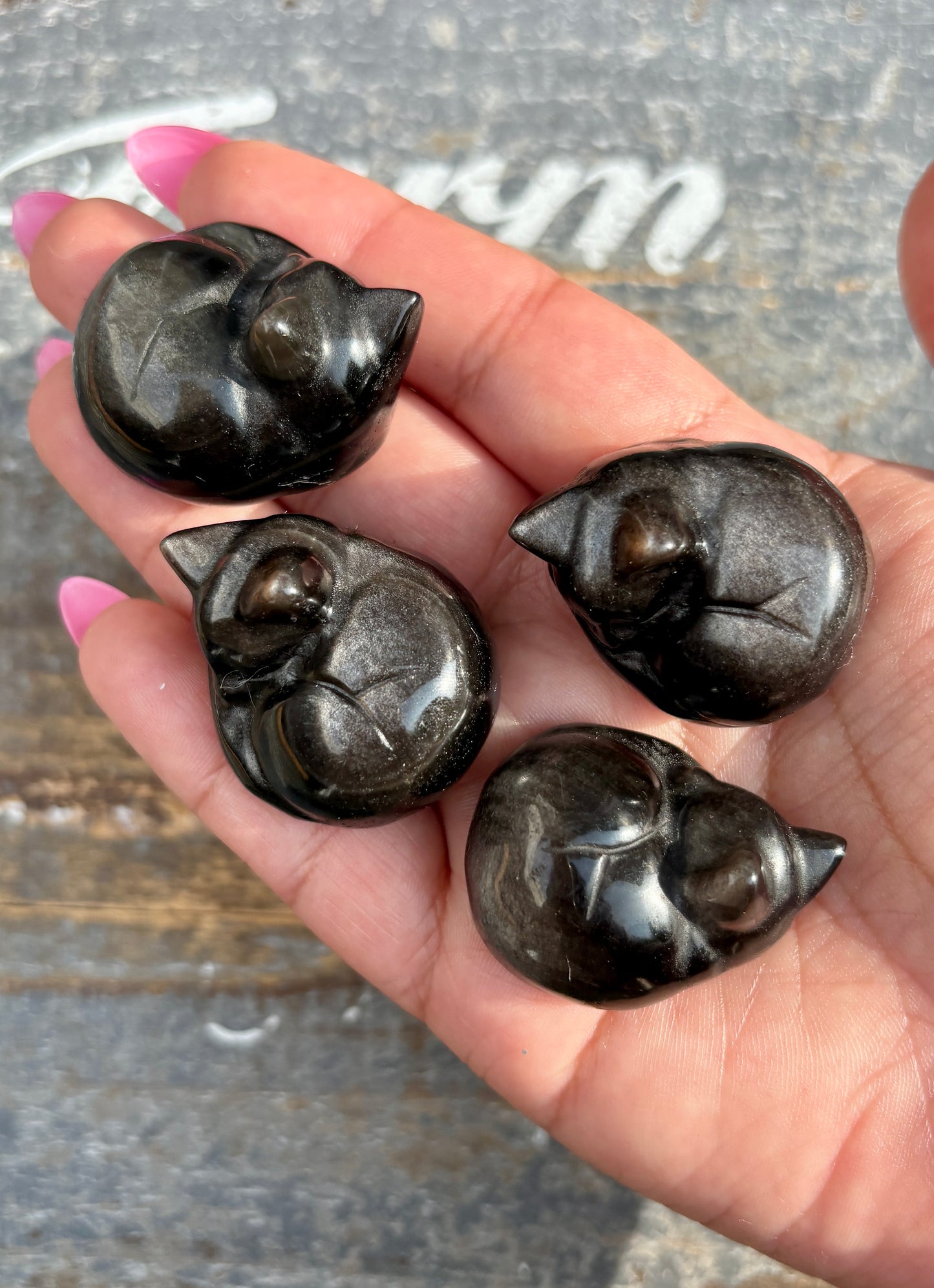 One (1) Silver Sheen Obsidian Sleeping Cat