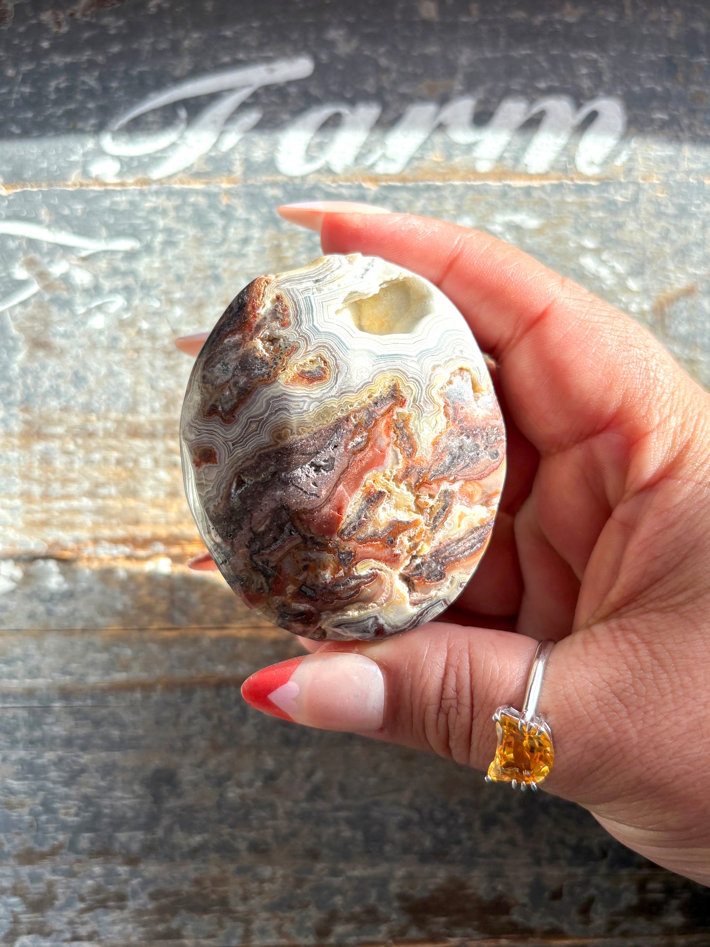 Gorgeous Crazy Lace Agate Palm Stone from Mexico