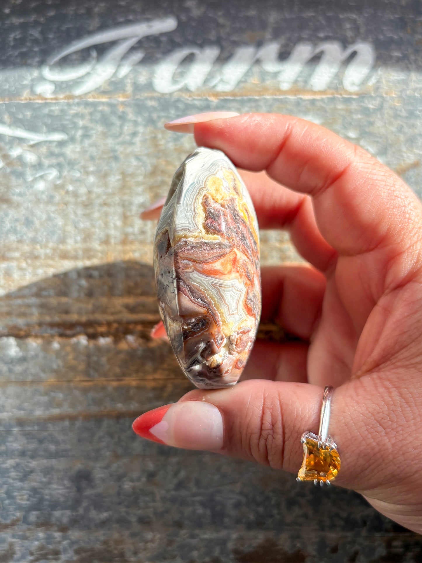 Gorgeous Crazy Lace Agate Palm Stone from Mexico