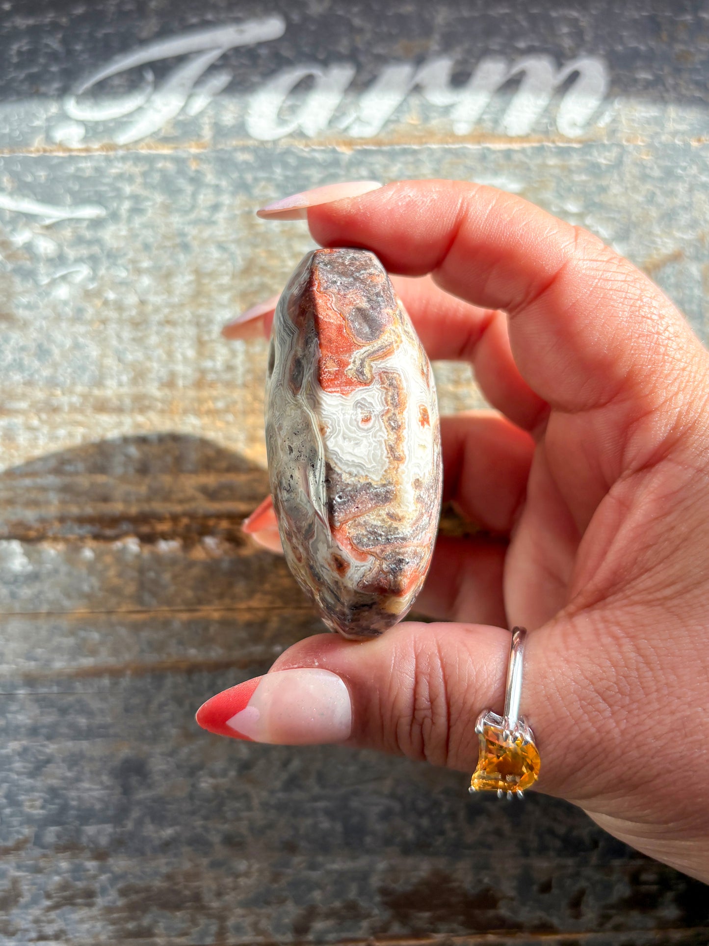 Gorgeous Crazy Lace Agate Palm Stone from Mexico