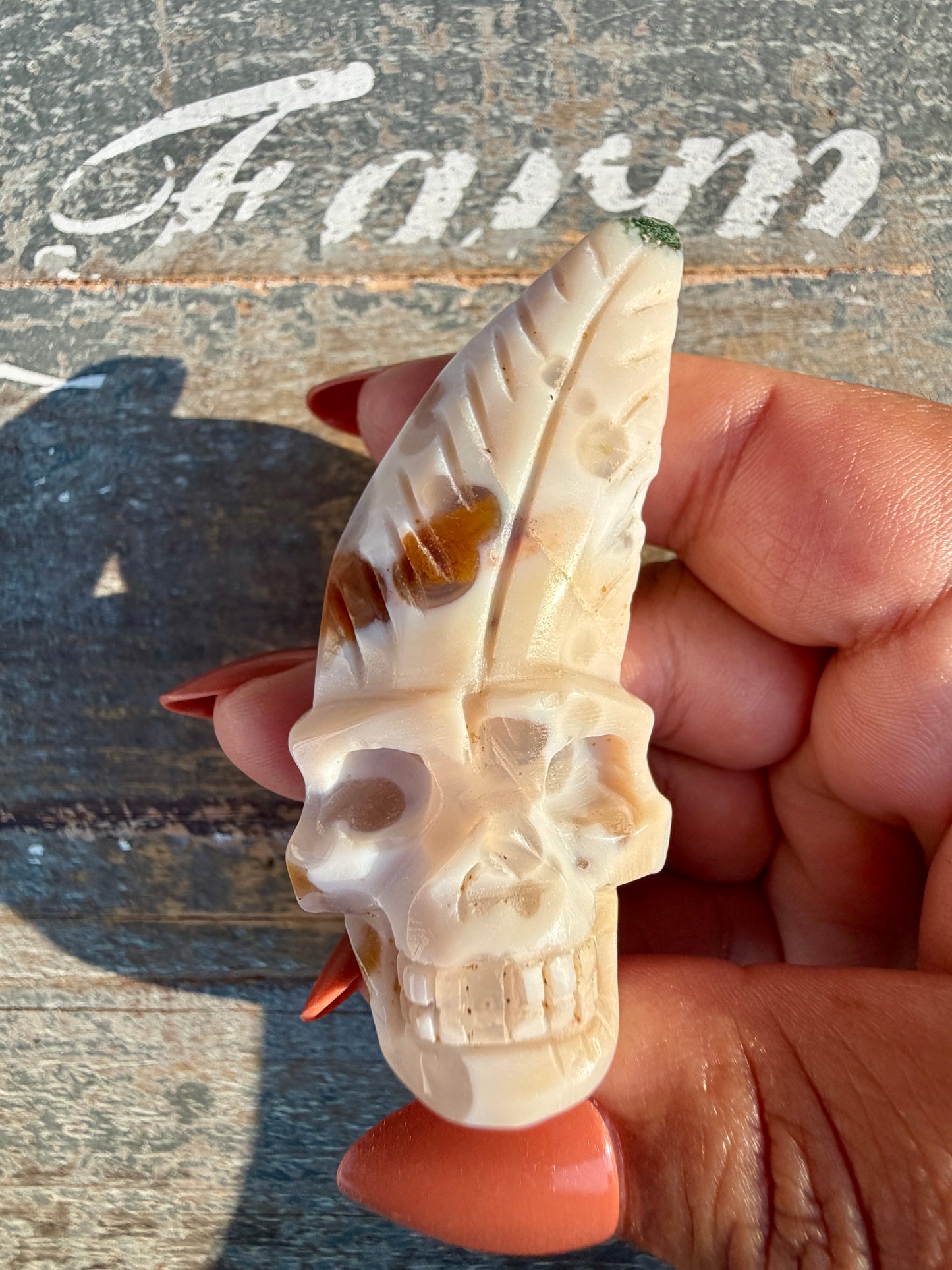 Gorgeous Ocean Jasper Hand Carved Skull w/ Feather | Opt 49