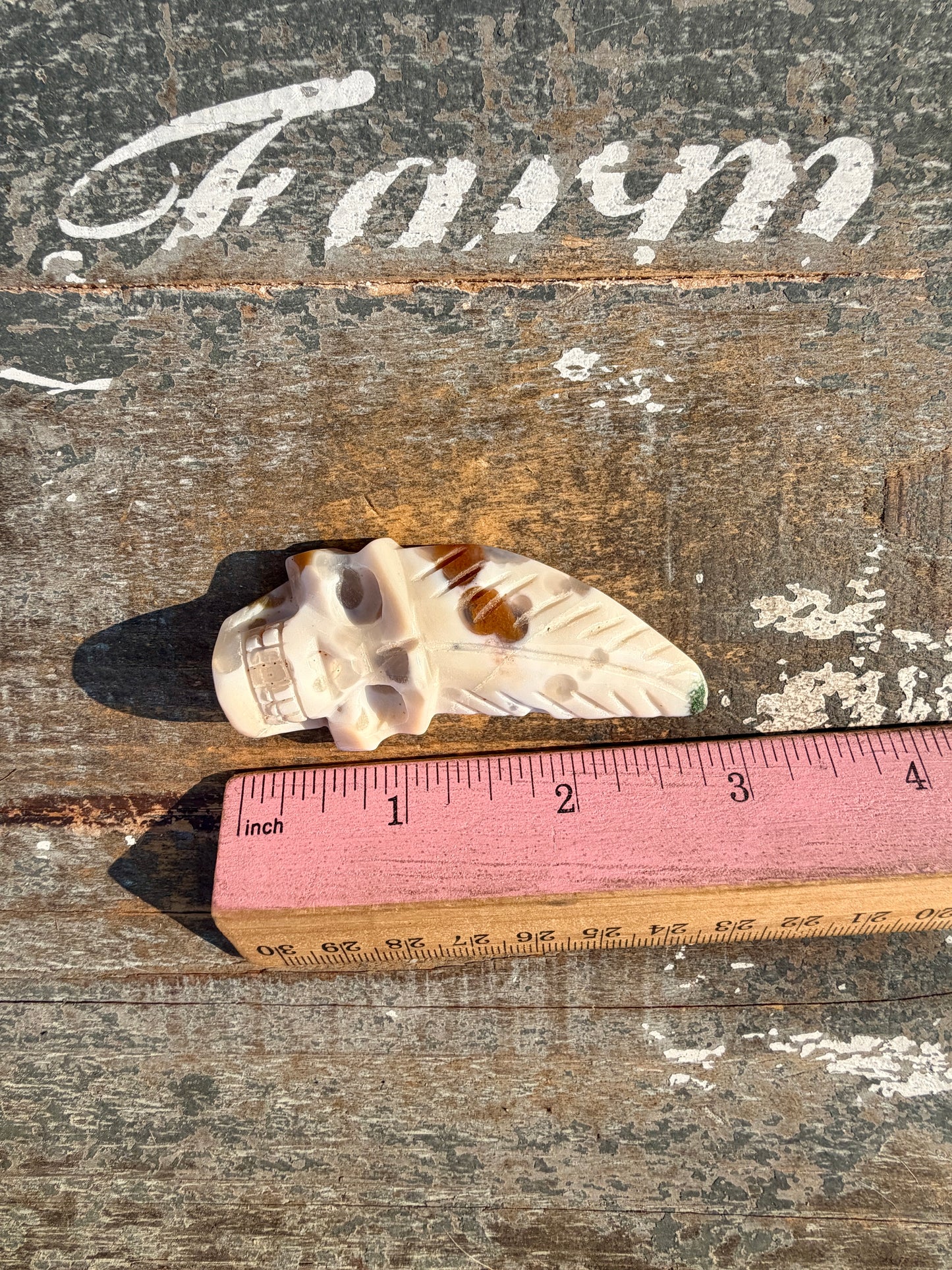 Gorgeous Ocean Jasper Hand Carved Skull w/ Feather | Opt 49