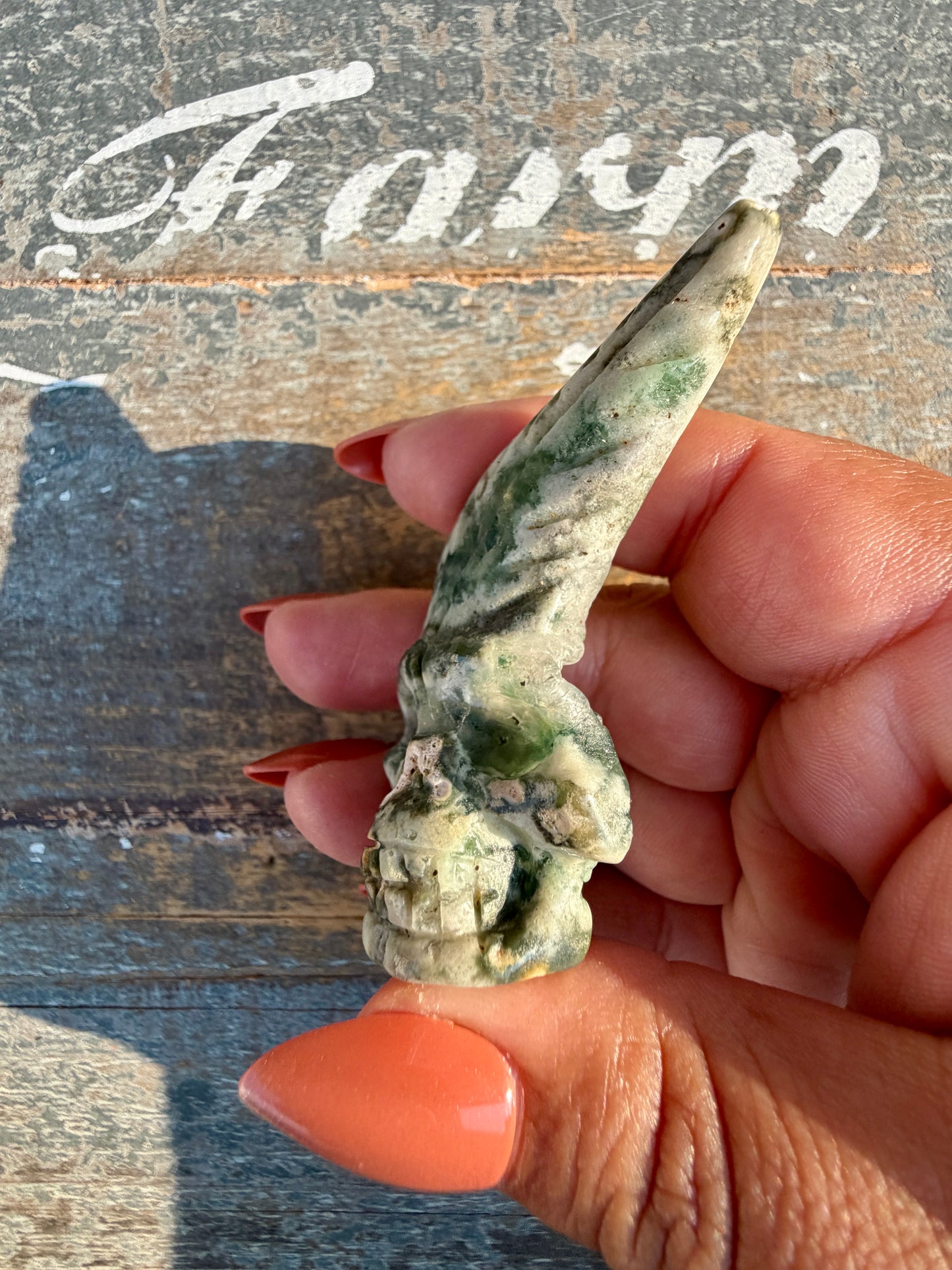 Gorgeous Ocean Jasper Hand Carved Skull w/ Feather | Opt 37