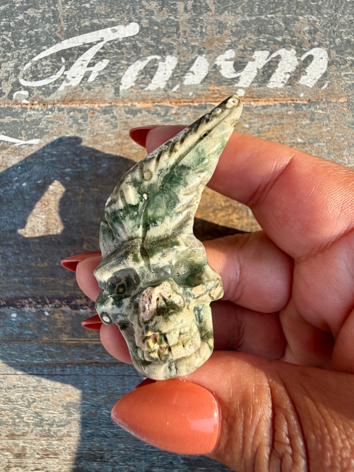 Gorgeous Ocean Jasper Hand Carved Skull w/ Feather | Opt 37