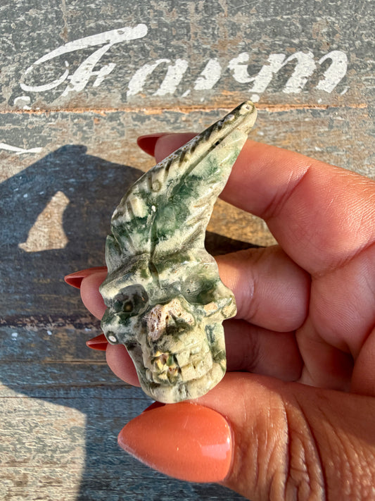 Gorgeous Ocean Jasper Hand Carved Skull w/ Feather | Opt 37