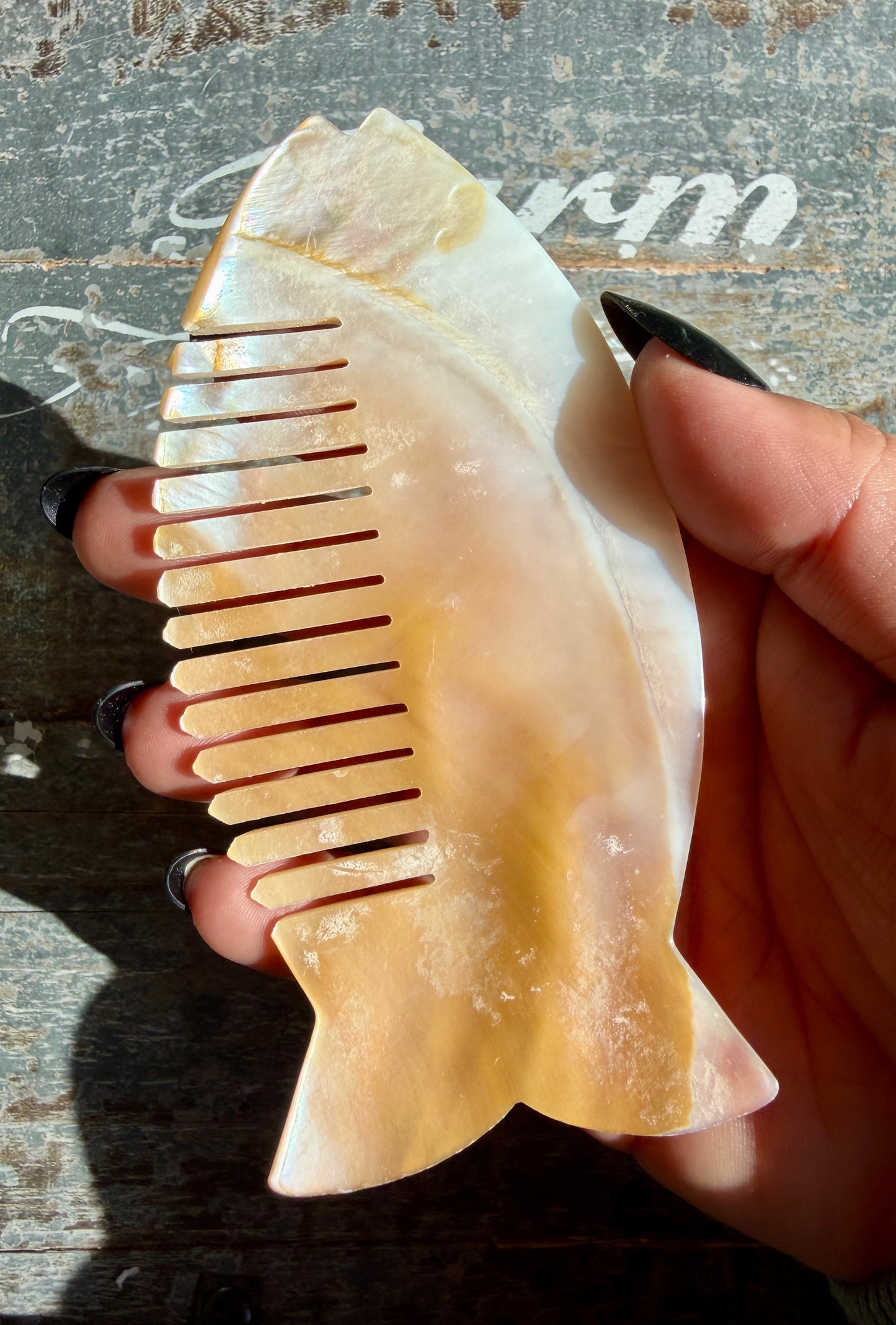Gorgeous Iridescent Fish Comb | Hand-Carved Mother of Pearl Shell | Opt S