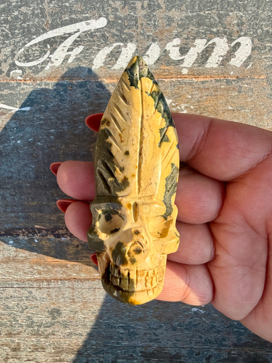 Gorgeous Ocean Jasper Hand Carved Skull w/ Feather | Opt 45