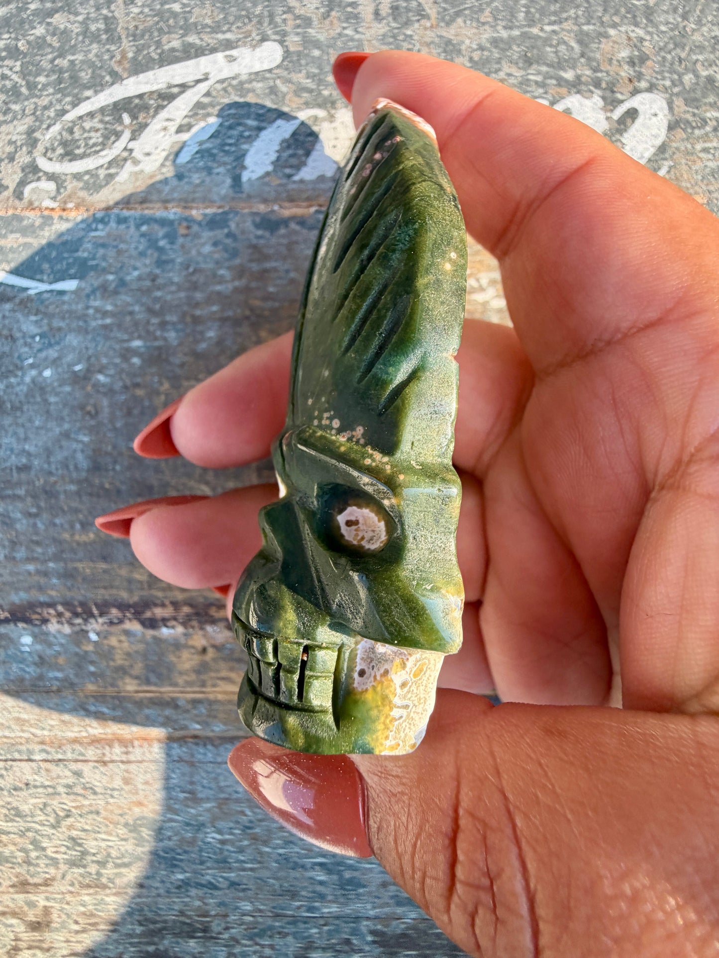 Gorgeous Ocean Jasper Hand Carved Skull w/ Feather | Opt 50