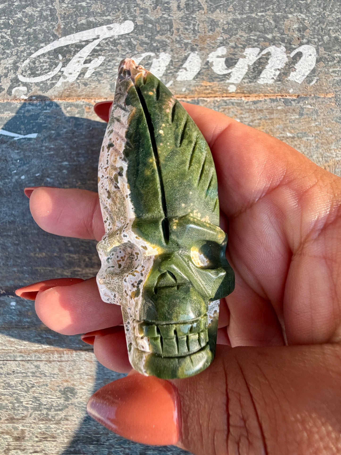 Gorgeous Ocean Jasper Hand Carved Skull w/ Feather | Opt 50