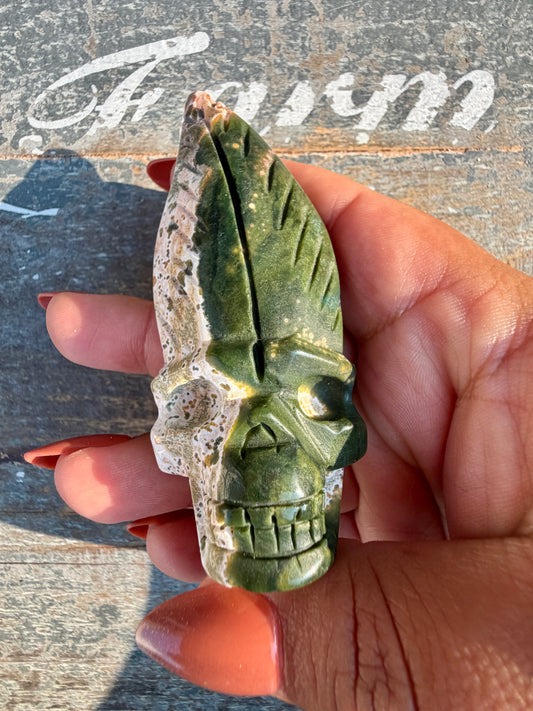 Gorgeous Ocean Jasper Hand Carved Skull w/ Feather | Opt 50