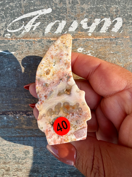 Gorgeous Ocean Jasper Hand Carved Skull w/ Feather | Opt 40