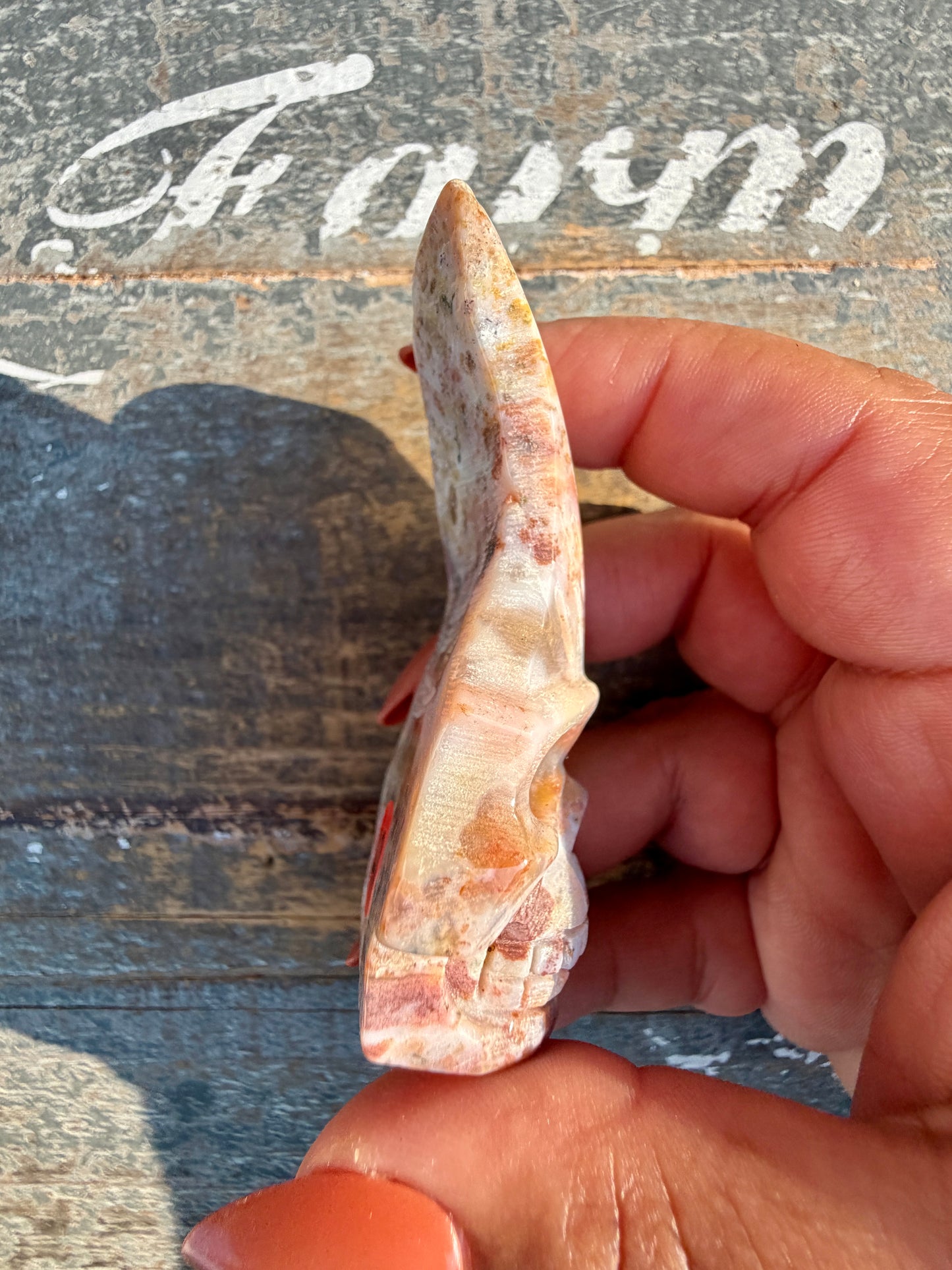 Gorgeous Ocean Jasper Hand Carved Skull w/ Feather | Opt 40