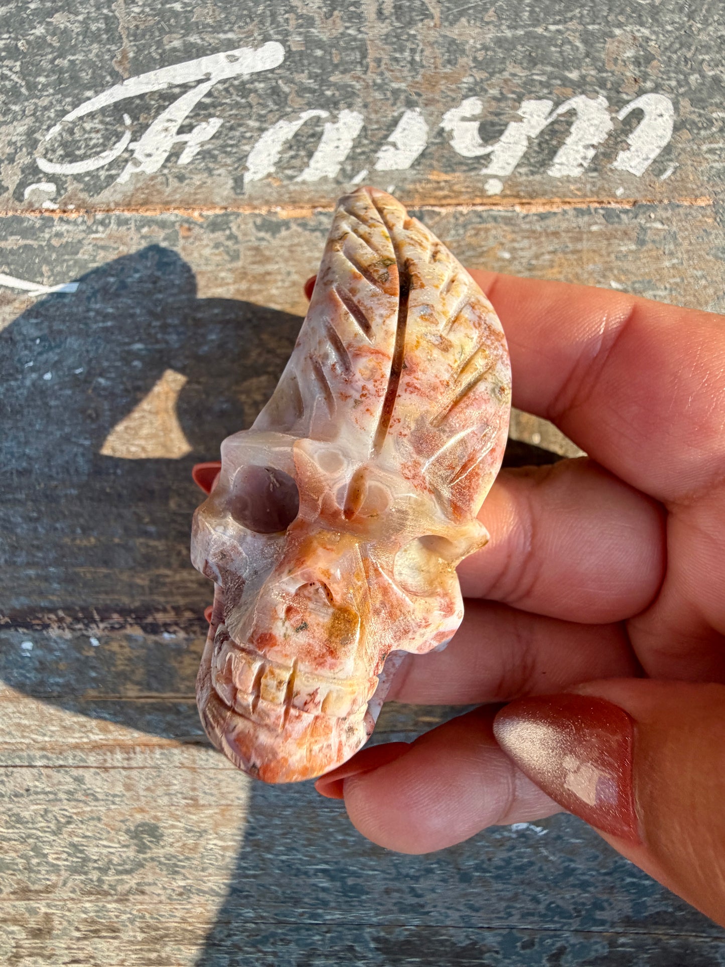 Gorgeous Ocean Jasper Hand Carved Skull w/ Feather | Opt 40