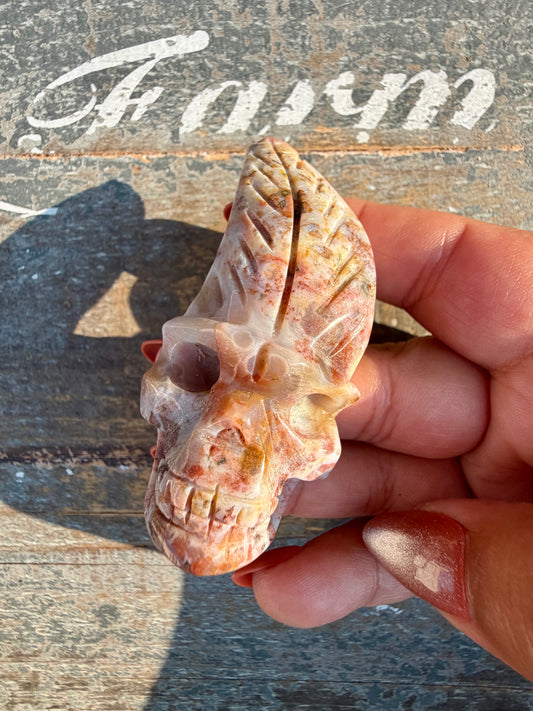Gorgeous Ocean Jasper Hand Carved Skull w/ Feather | Opt 40