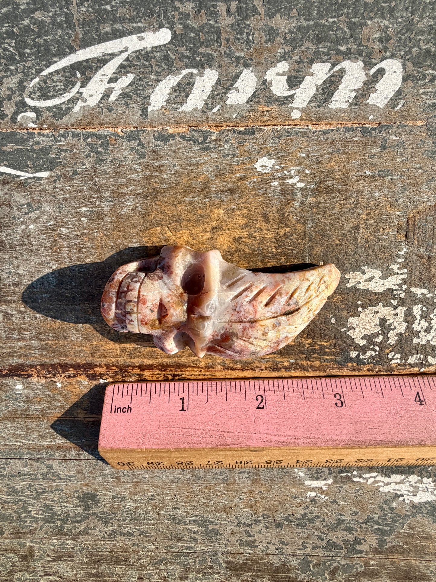 Gorgeous Ocean Jasper Hand Carved Skull w/ Feather | Opt 40
