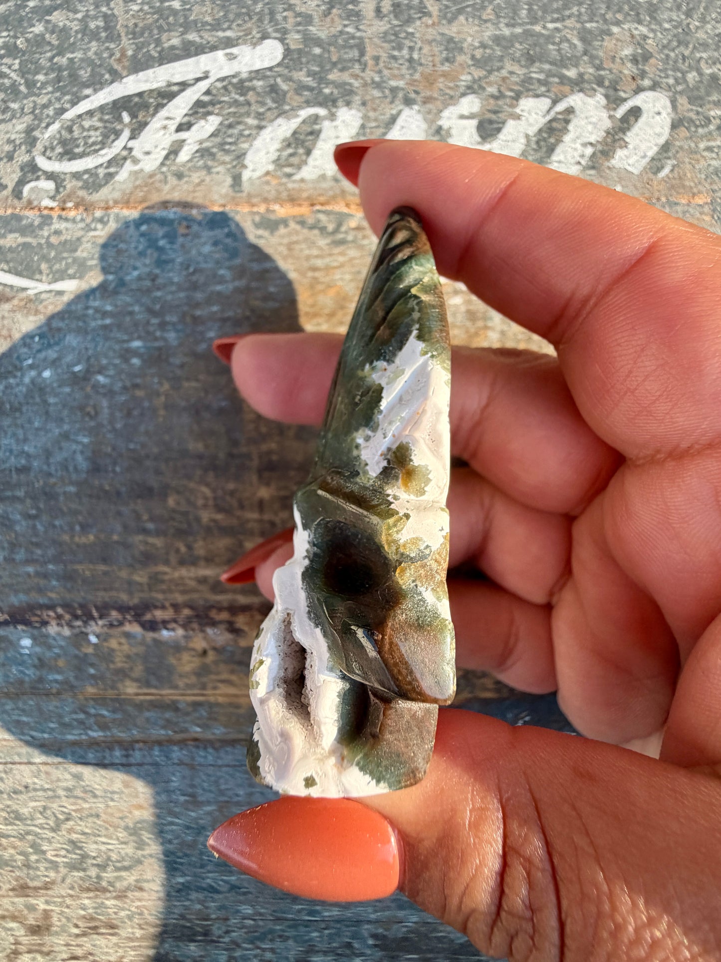 Gorgeous Ocean Jasper Hand Carved Skull w/ Feather | Opt 41