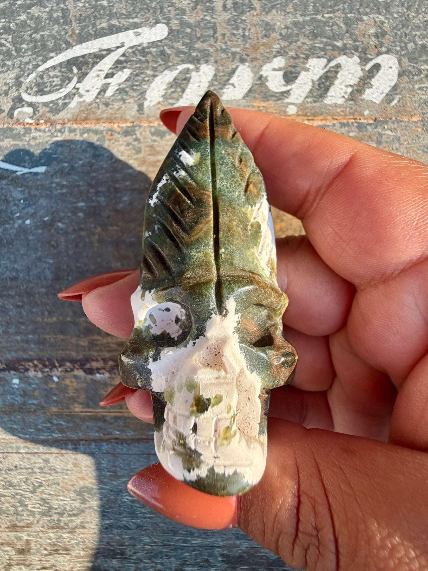 Gorgeous Ocean Jasper Hand Carved Skull w/ Feather | Opt 41