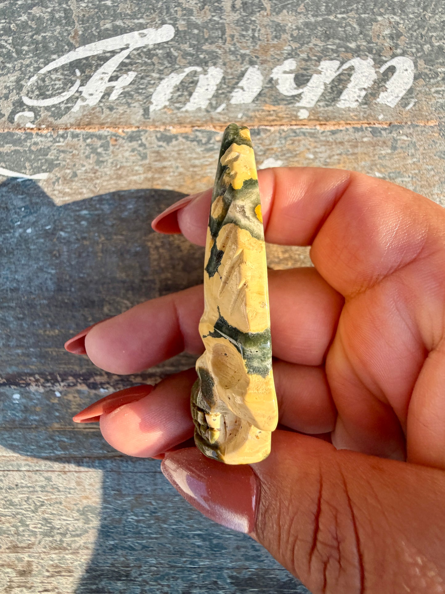 Gorgeous Ocean Jasper Hand Carved Skull w/ Feather | Opt 46