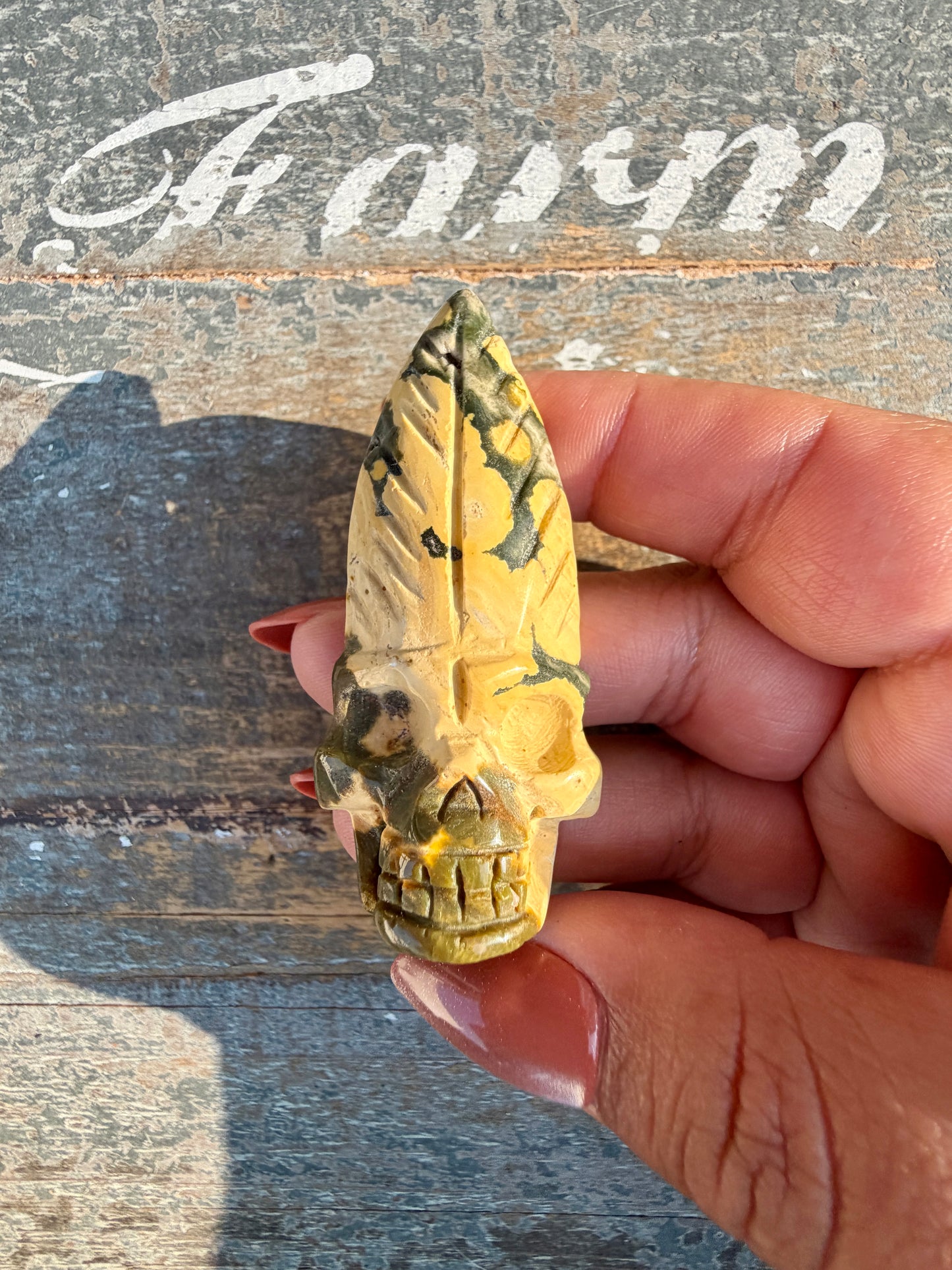 Gorgeous Ocean Jasper Hand Carved Skull w/ Feather | Opt 46
