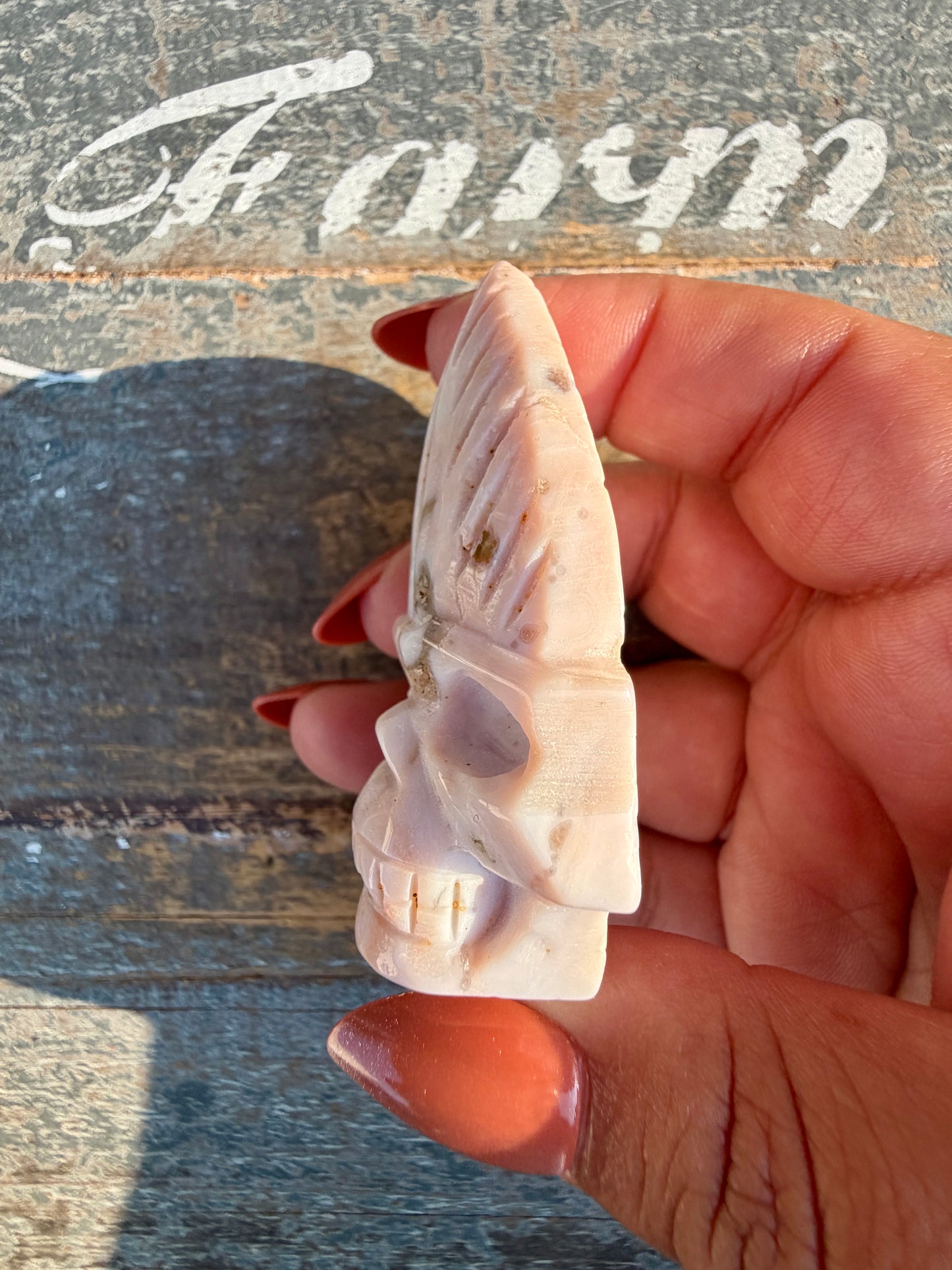 Gorgeous Ocean Jasper Hand Carved Skull w/ Feather | Opt 42