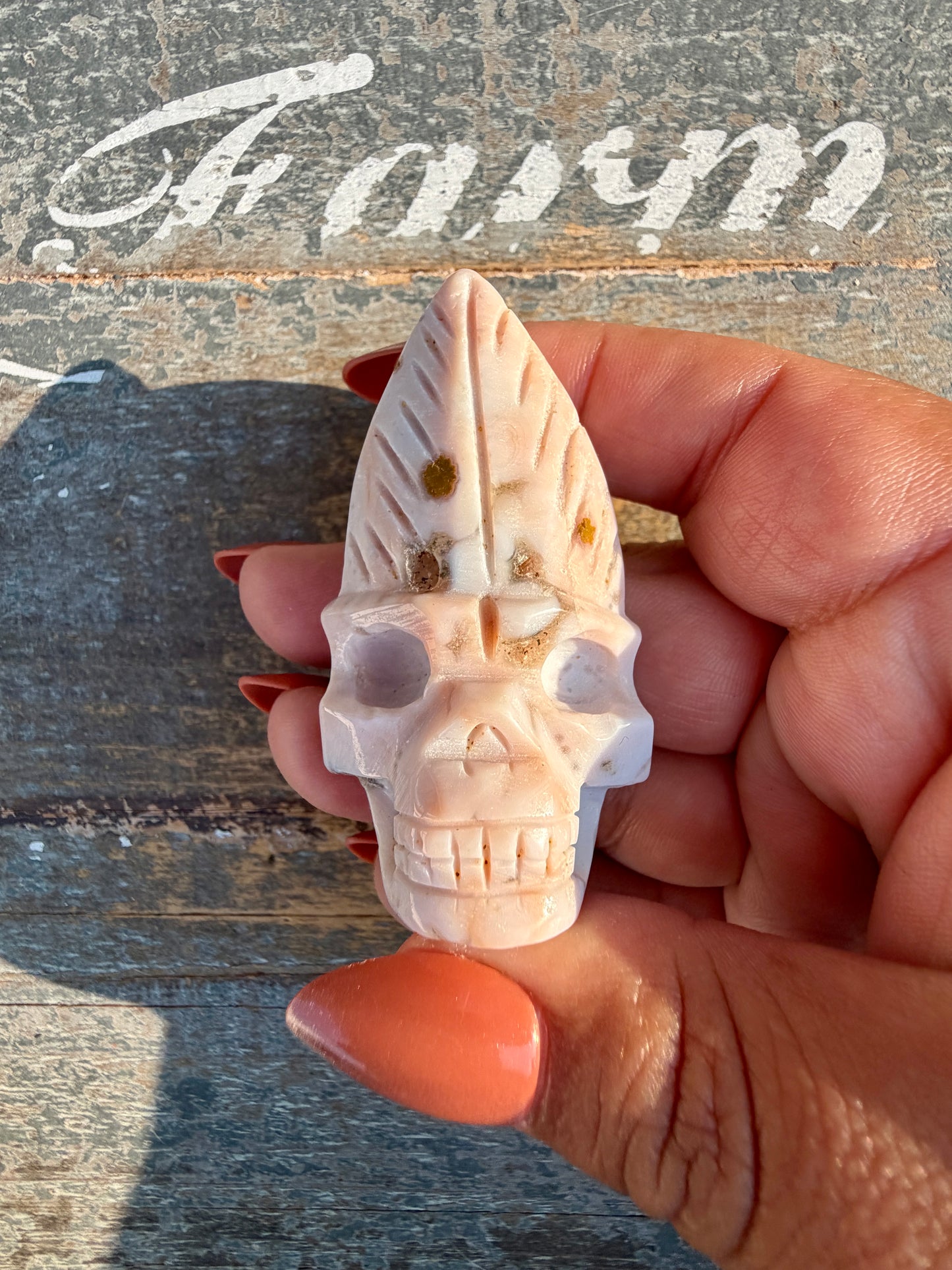 Gorgeous Ocean Jasper Hand Carved Skull w/ Feather | Opt 42