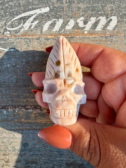 Gorgeous Ocean Jasper Hand Carved Skull w/ Feather | Opt 42