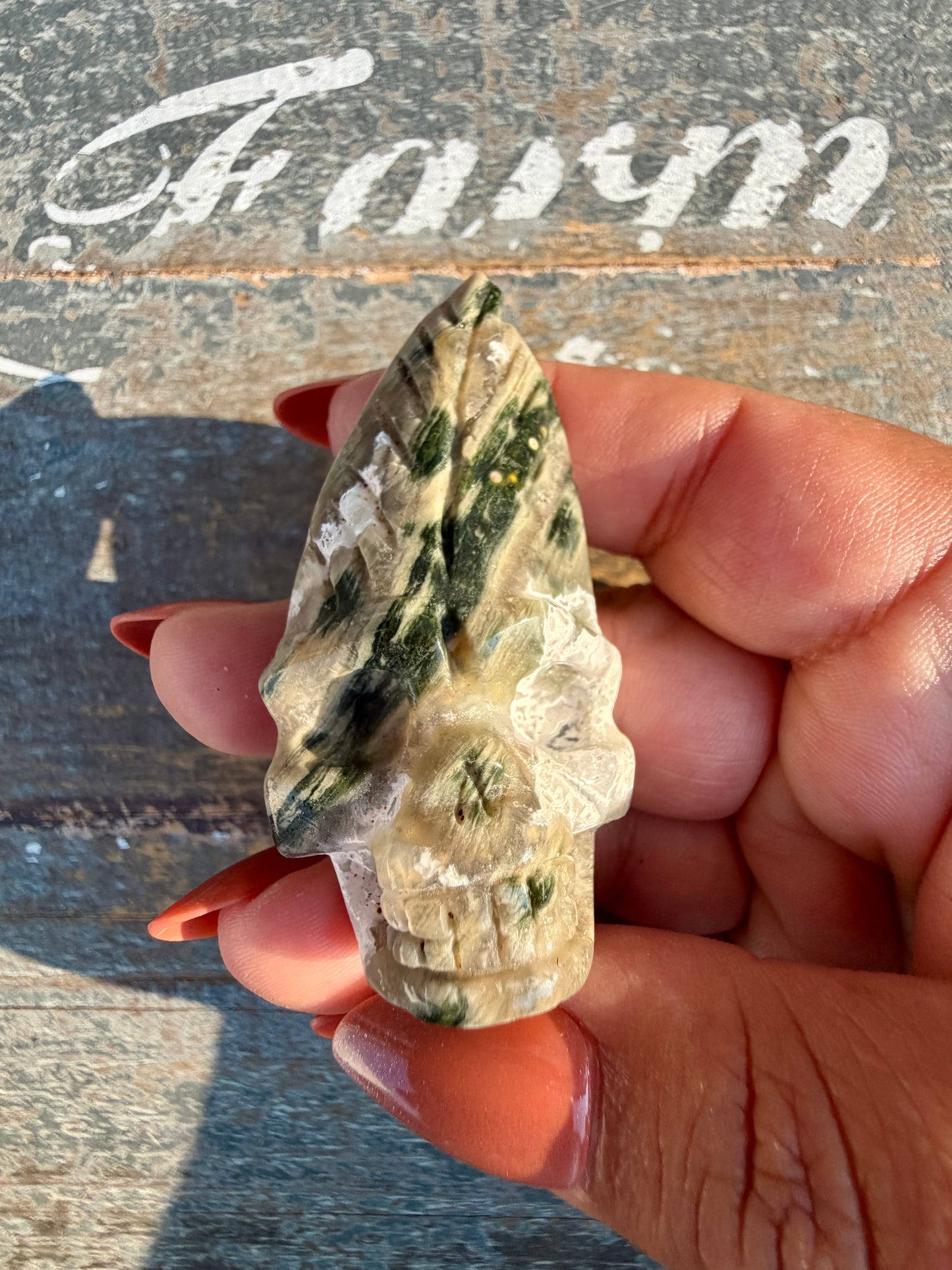 Gorgeous Ocean Jasper Hand Carved Skull w/ Feather | Opt 47