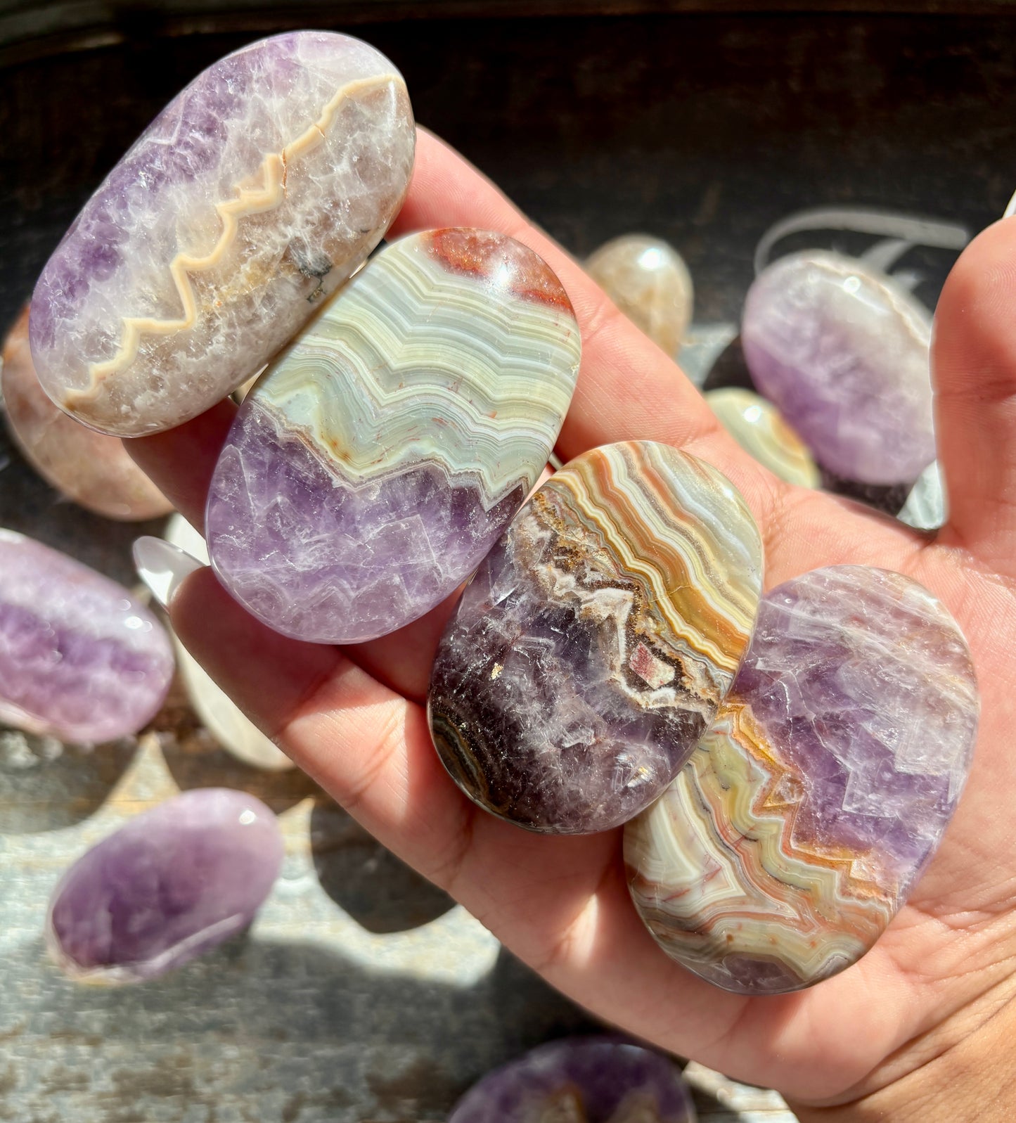 One (1) Gorgeous Amethyst & Crazy Lace Agate Palm Stone