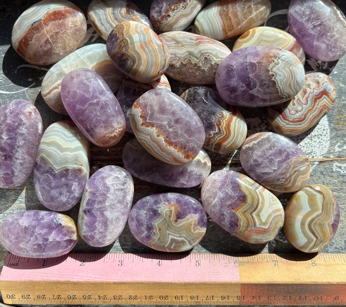 One (1) Gorgeous Amethyst & Crazy Lace Agate Palm Stone