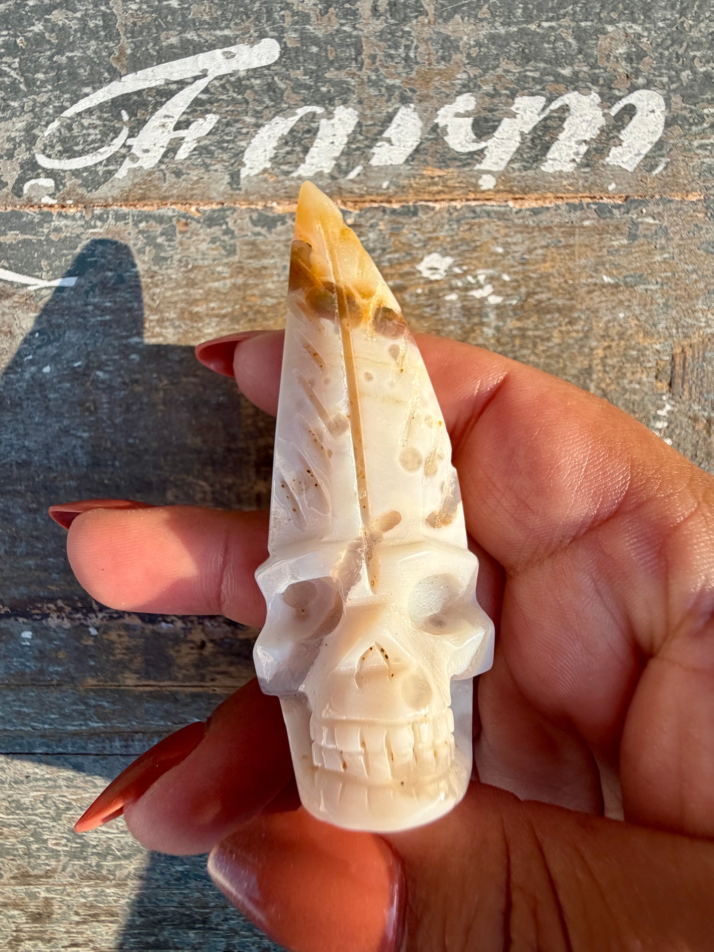 Gorgeous Ocean Jasper Hand Carved Skull w/ Feather | Opt 39