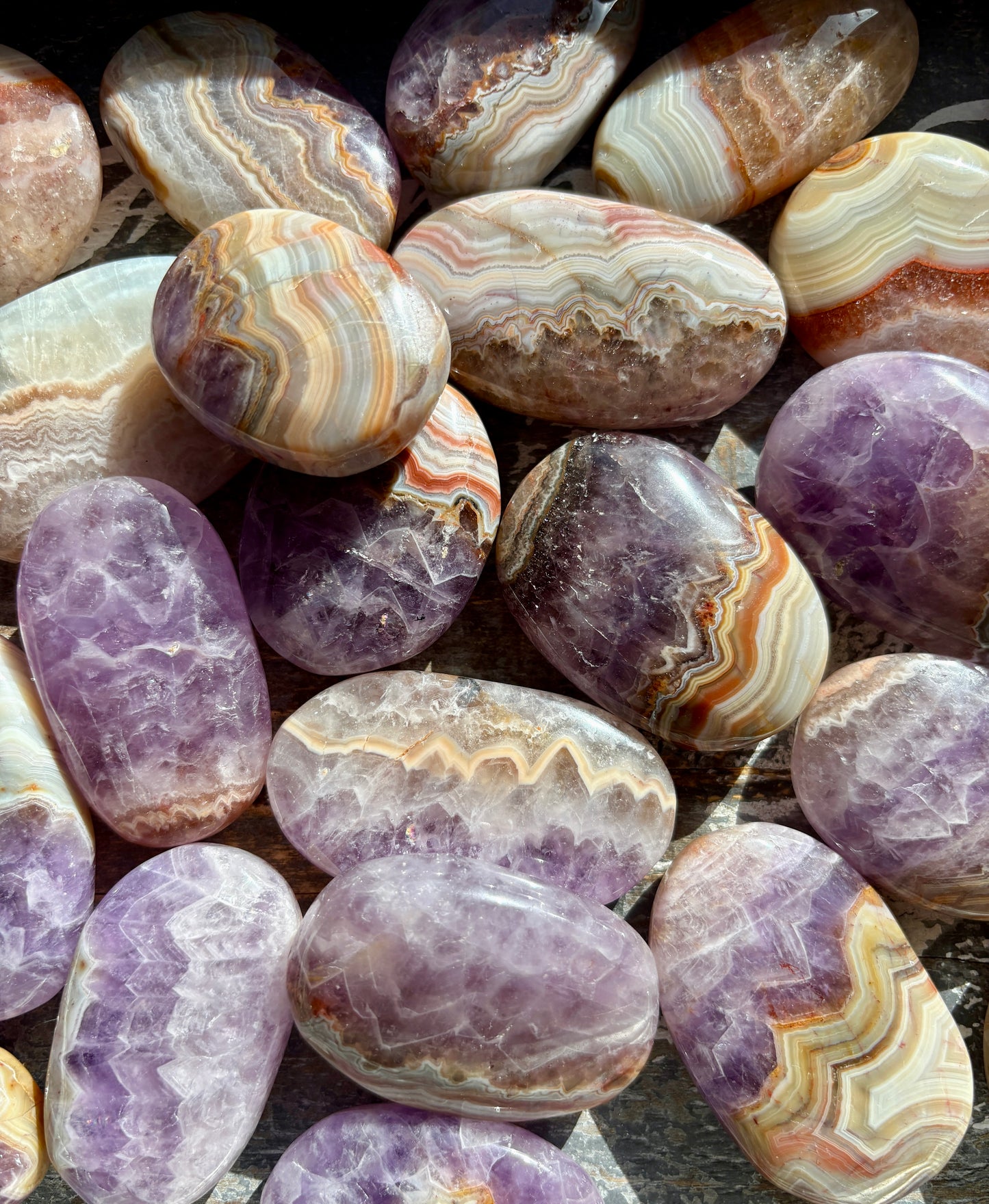 One (1) Gorgeous Amethyst & Crazy Lace Agate Palm Stone