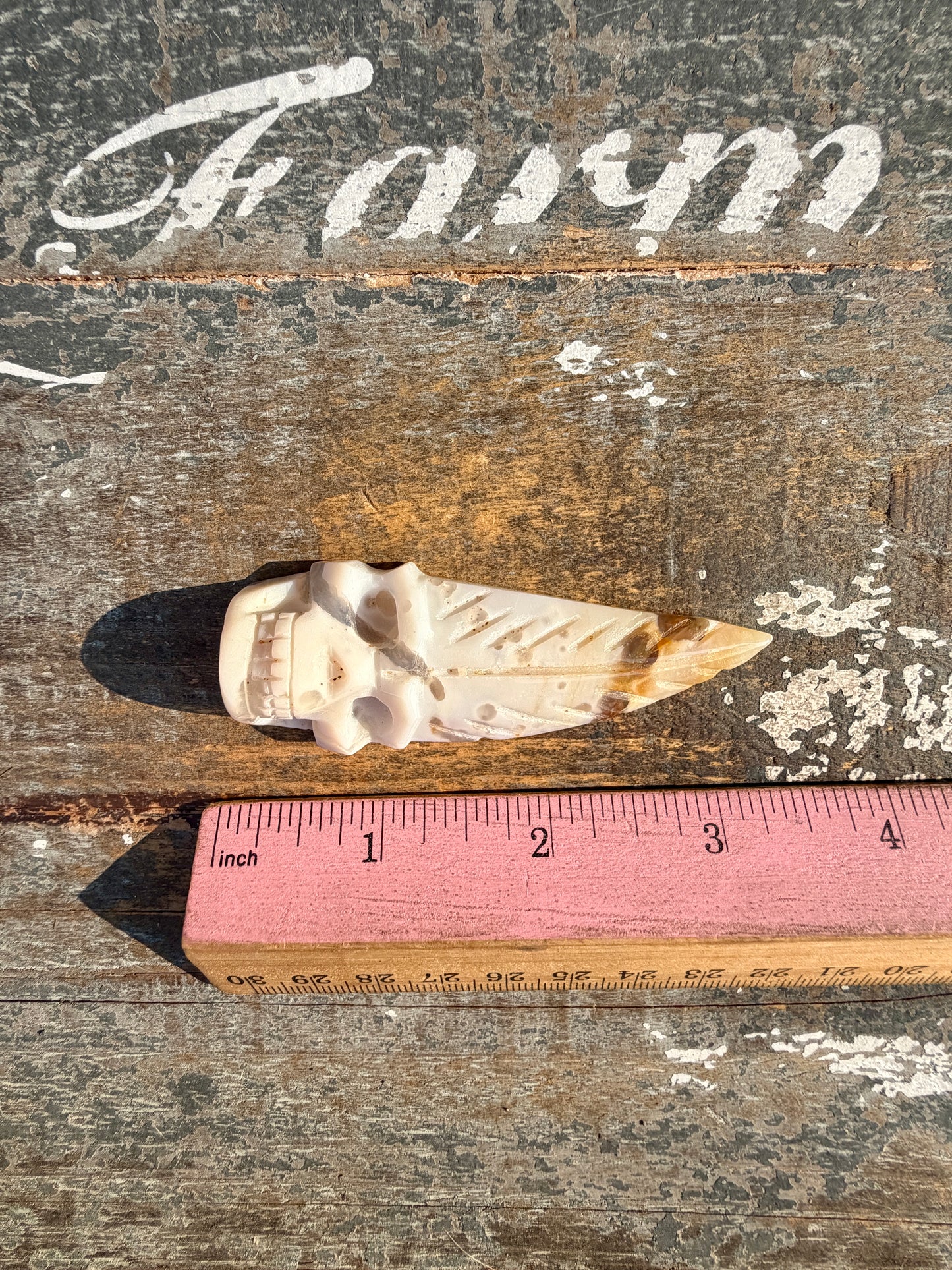 Gorgeous Ocean Jasper Hand Carved Skull w/ Feather | Opt 39