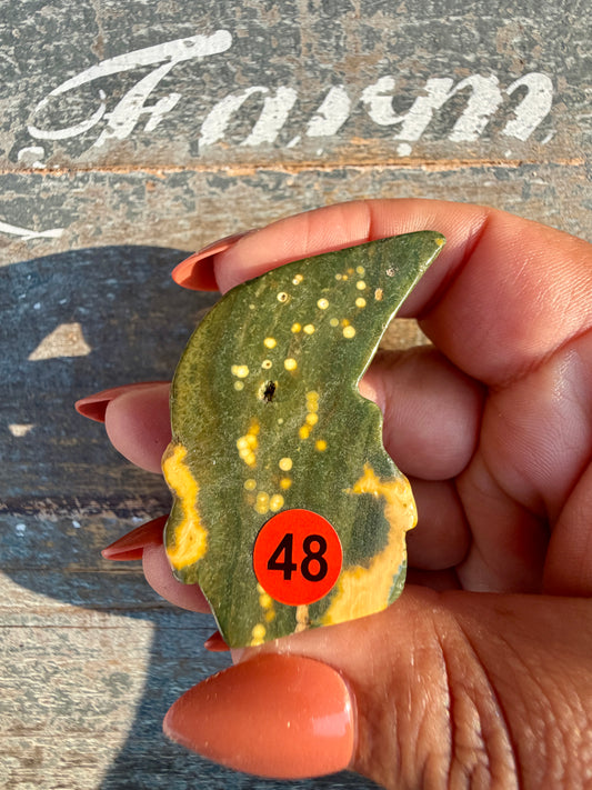 Gorgeous Ocean Jasper Hand Carved Skull w/ Feather | Opt 48