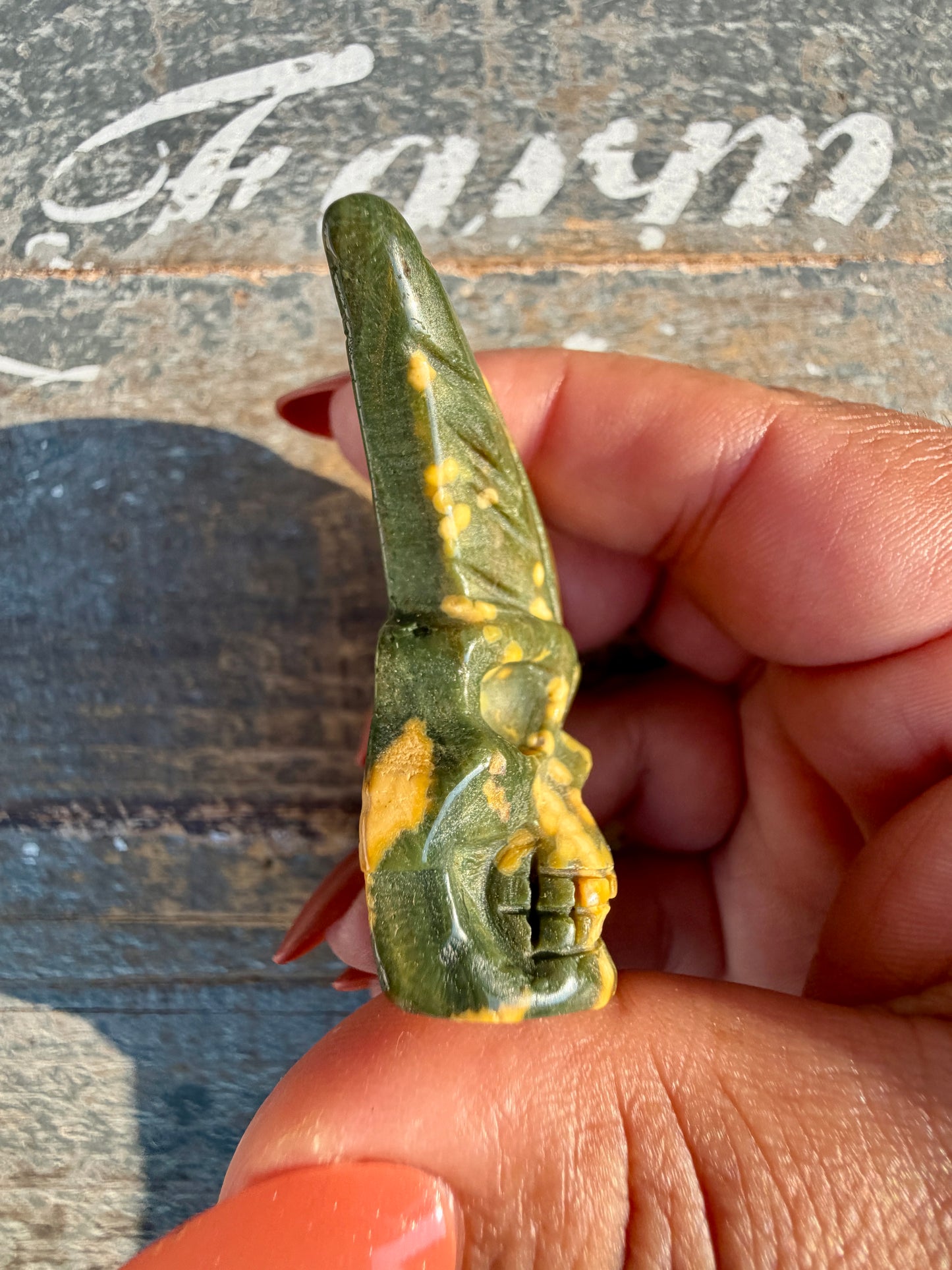 Gorgeous Ocean Jasper Hand Carved Skull w/ Feather | Opt 48