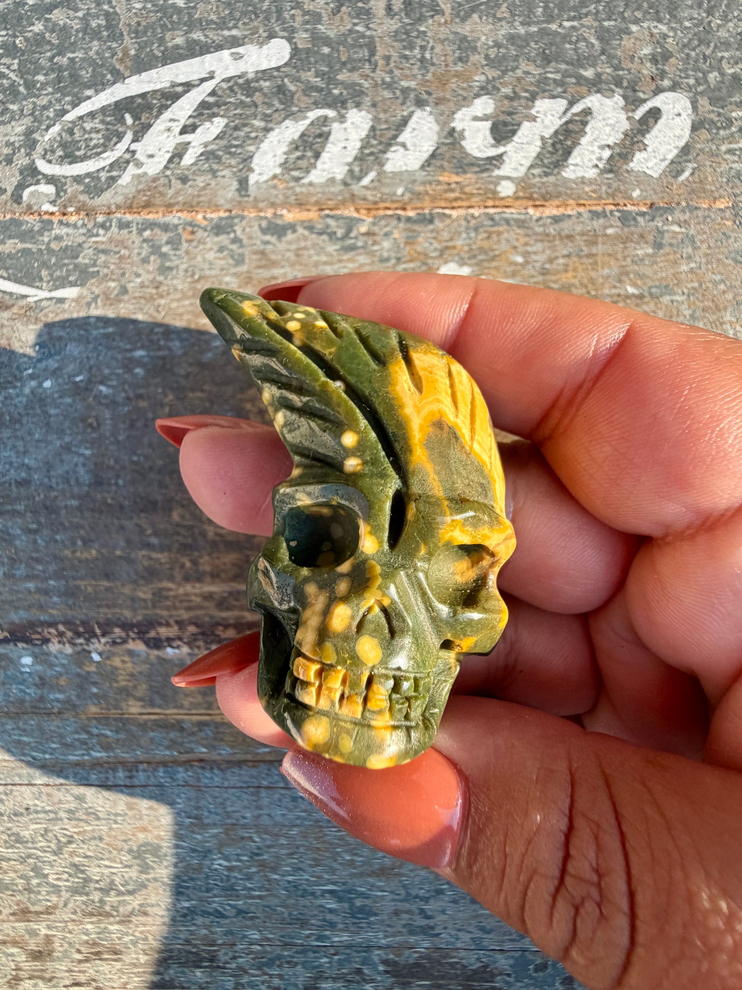 Gorgeous Ocean Jasper Hand Carved Skull w/ Feather | Opt 48