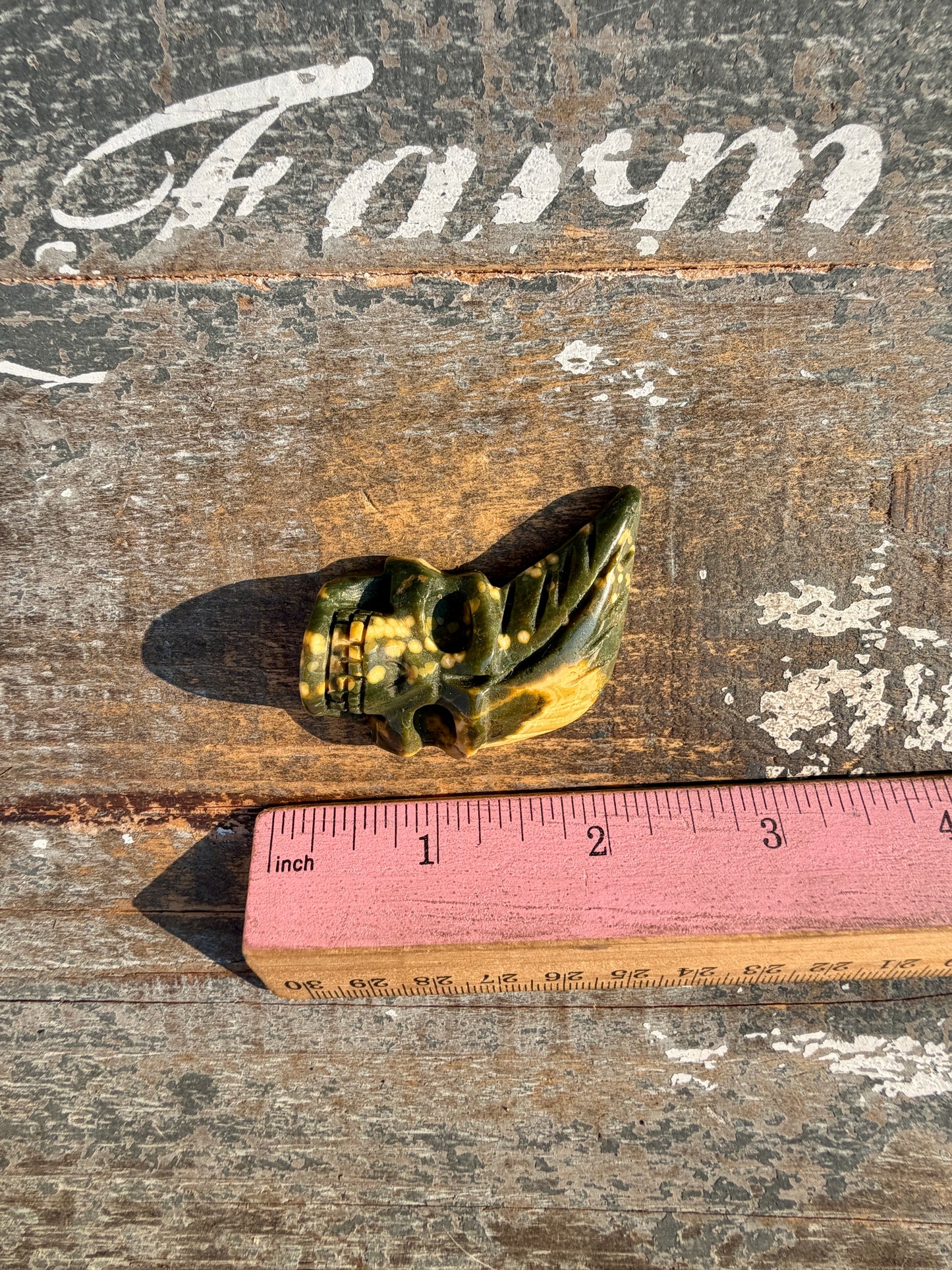 Gorgeous Ocean Jasper Hand Carved Skull w/ Feather | Opt 48
