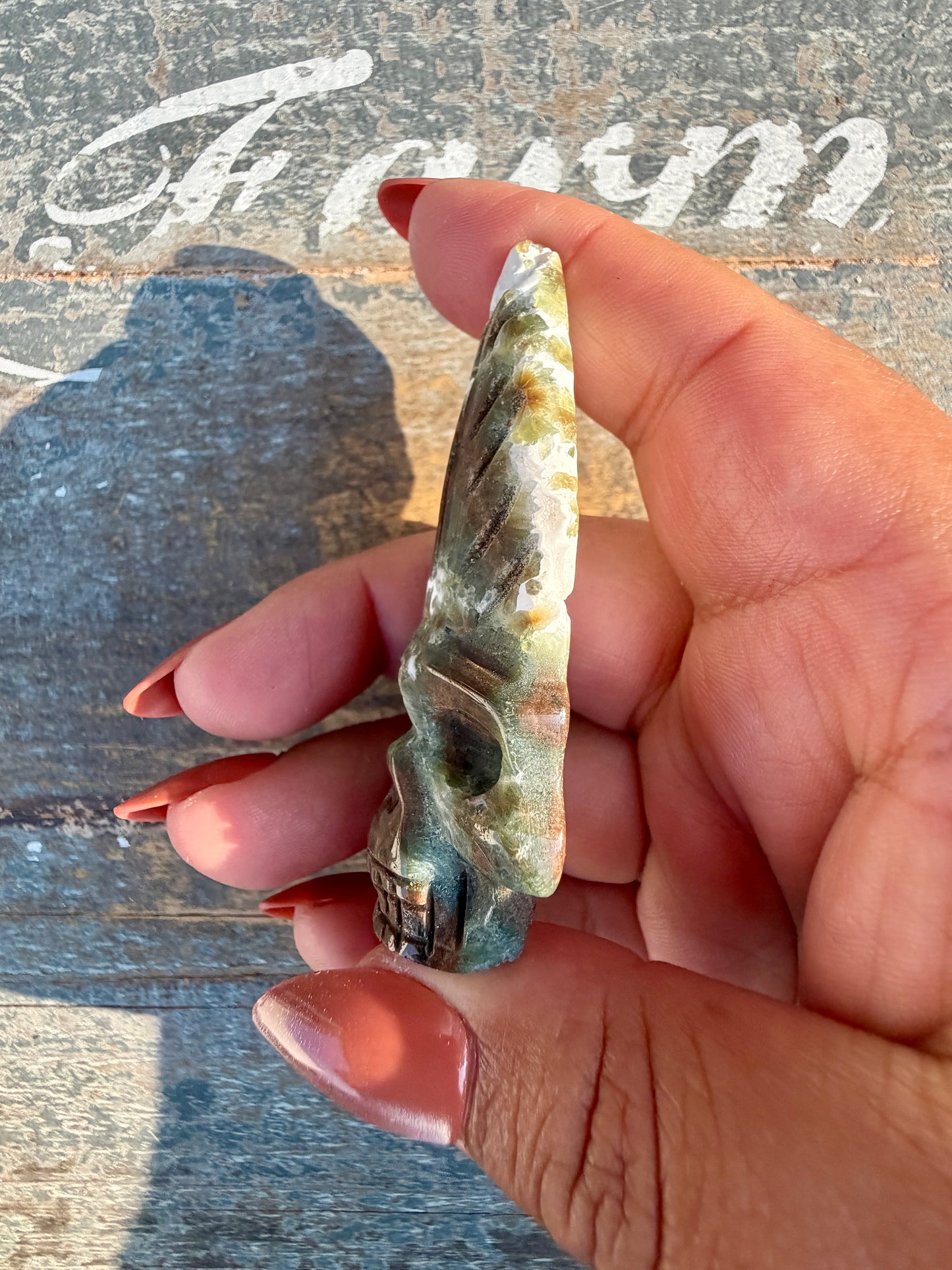 Gorgeous Ocean Jasper Hand Carved Skull w/ Feather | Opt 33