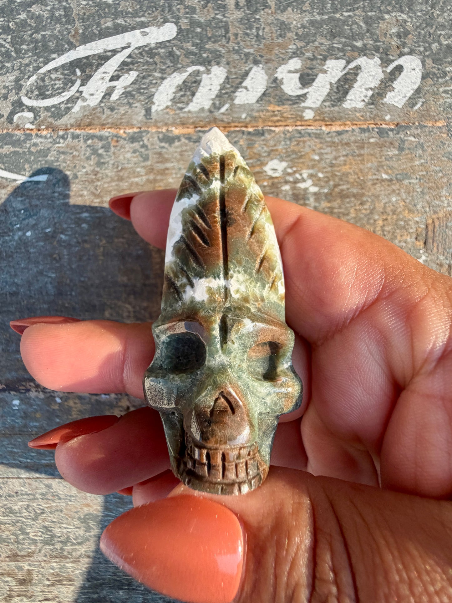 Gorgeous Ocean Jasper Hand Carved Skull w/ Feather | Opt 33