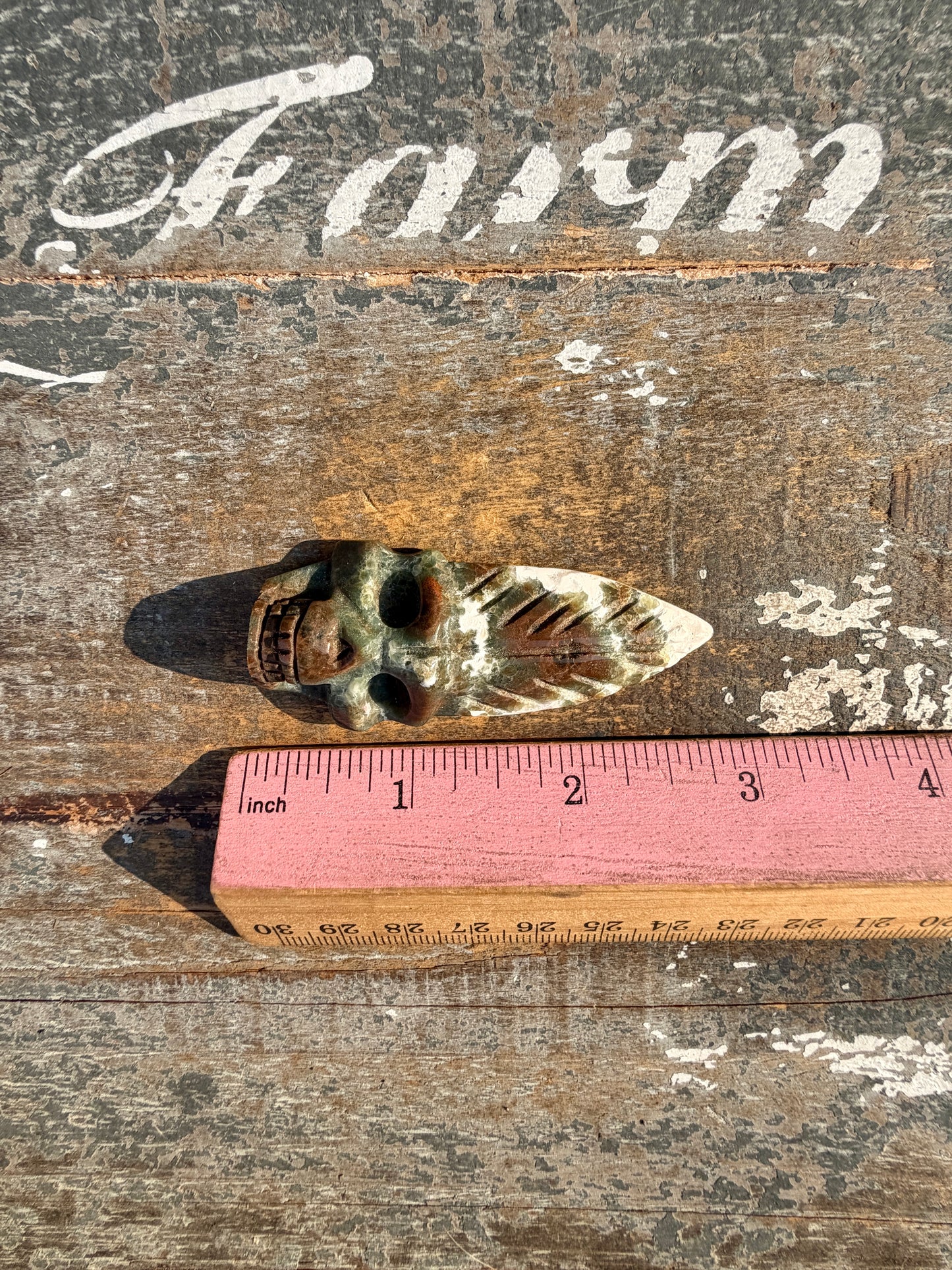 Gorgeous Ocean Jasper Hand Carved Skull w/ Feather | Opt 33