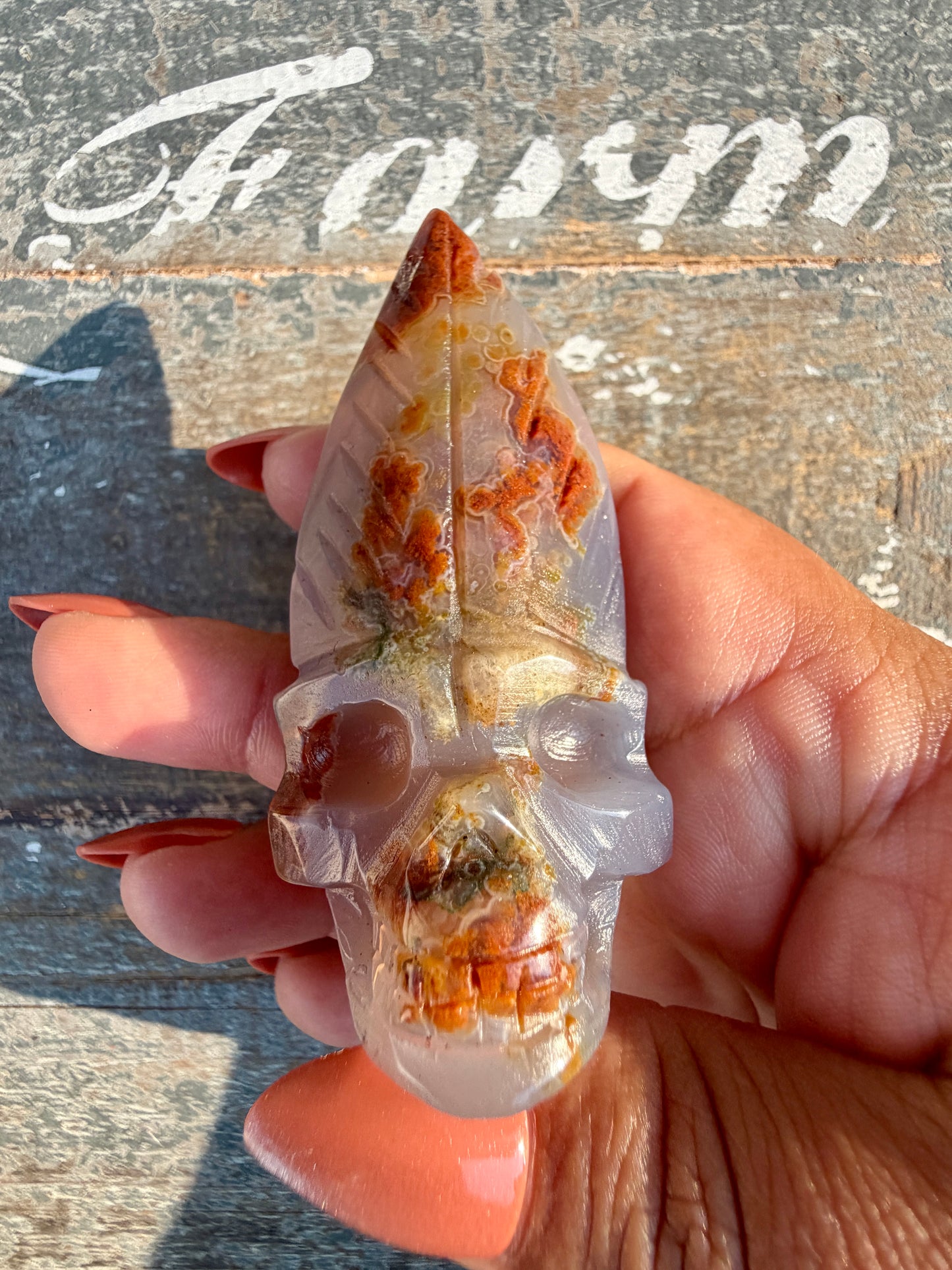Gorgeous Ocean Jasper Hand Carved Skull w/ Feather | Opt 43