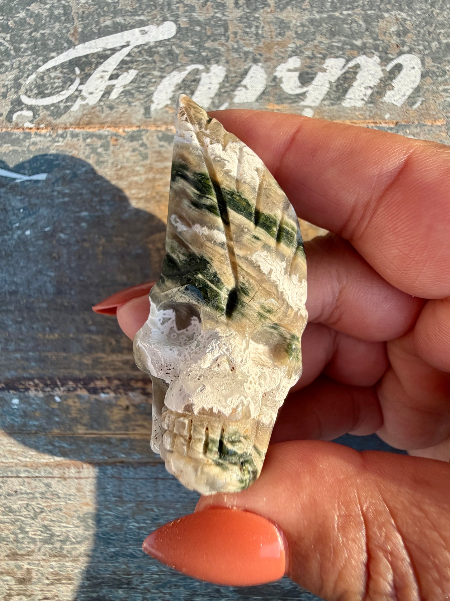 Gorgeous Ocean Jasper Hand Carved Skull w/ Feather | Opt 38